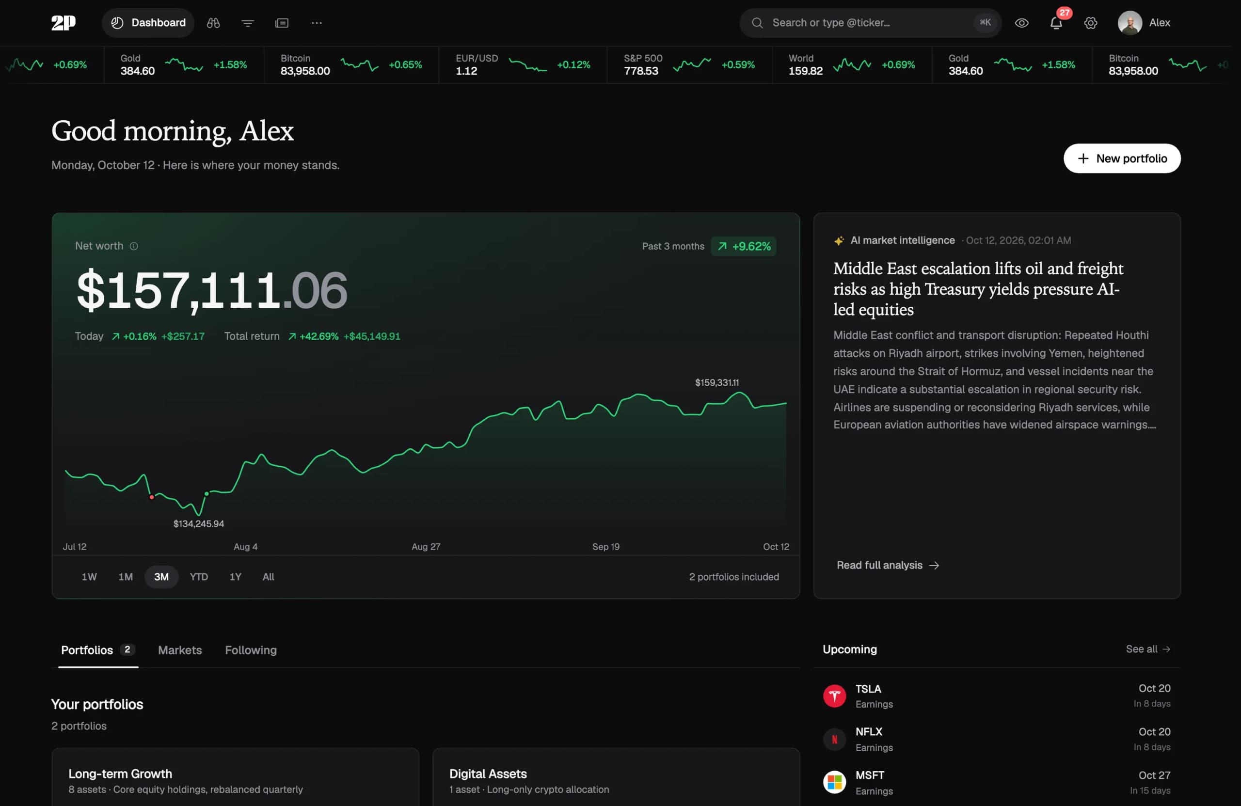 Dashboard with net worth, a three-month performance chart and AI market intelligence